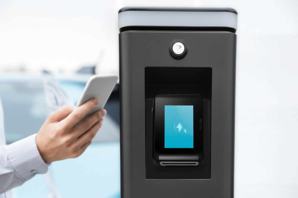 Fingerprint scanner on a door with a hand holding a smartphone nearby
