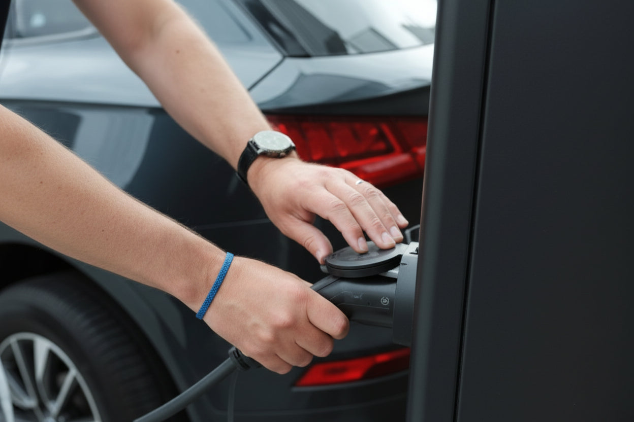 Person using a car's power outlet with a cable, inside a vehicle.