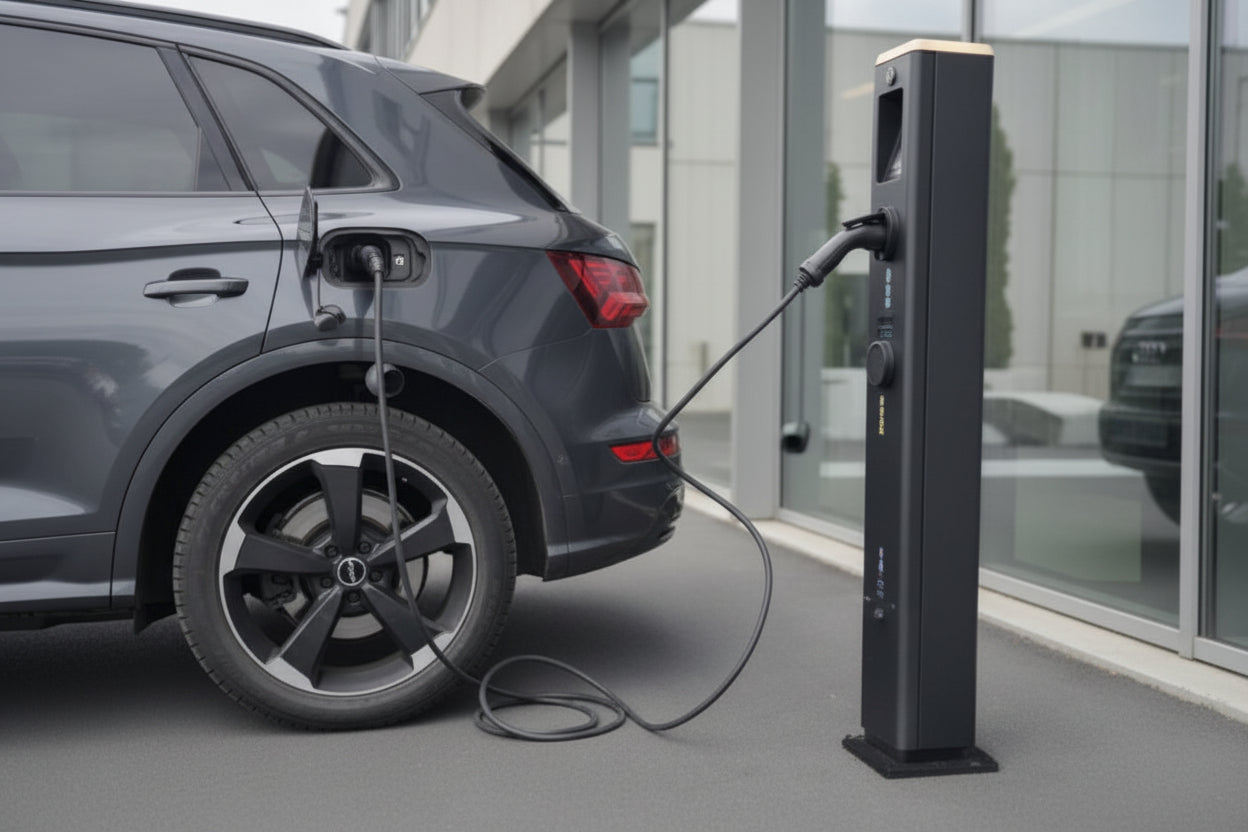 Electric vehicle charging station with a car plugged in, likely in an urban setting.