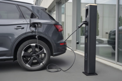 Electric vehicle charging station with a car plugged in, likely in an urban setting.