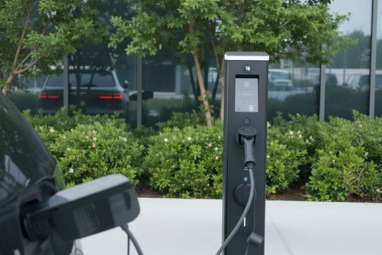 Electric vehicle charging station with a car plugged in, surrounded by greenery.